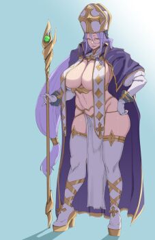 1girl anegawa_eiji bloom blue_background boots breast_curtains breasts cape cleavage full_body gloves groin hair_between_eyes hand_on_own_hip hat high_heel_boots high_heels highres holding holding_staff huge_breasts lips long_hair looking_at_viewer mature_female navel open_mouth pelvic_curtain ponytail purple_cape purple_hair shadow simple_background smile solo squinting staff stomach teeth tensei_colosseum:_saijaku_skill_de_saikyou_no_onna-tachi_wo_kouryaku_shite_dorei_harem_tsukurimasu thigh_boots upper_teeth_only very_long_hair white_gloves white_hat zayd