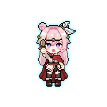 >_< 1girl alternate_costume animated animated_png artist_request black_thighhighs blinking blush boots bouncing brown_boots brown_skirt cape double_bun feather_hair_ornament feathers hair_between_eyes hair_bun hair_ornament hand_up holding holding_sword holding_weapon knight long_hair long_sleeves looking_at_viewer lowres official_art open_mouth outline pink_hair punishing:_gray_raven purple_eyes red_cape shirt sidelocks skirt solo standing straight-on sword teddy:_spectre_(pgr) teddy_(pgr) thighhighs weapon white_shirt wooden_sword