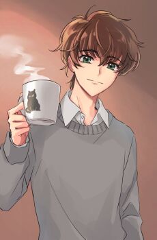 1boy animal_print brown_background brown_hair cat cat_print closed_mouth code_geass coffee_mug collared_shirt cup green_eyes grey_sweater hair_between_eyes highres holding holding_cup kururugi_suzaku light_smile looking_at_viewer male_focus mug print_cup setocg12 shirt shirt_under_sweater short_hair solo steaming_cup sweater upper_body white_shirt