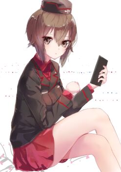 Rule 34 | 10s, 1girl, bad id, bad pixiv id, brown eyes, brown hair, crossed legs, female focus, garrison cap, girls und panzer, haikeiyu, hair between eyes, hat, kuromorimine military uniform, looking at viewer, nishizumi maho, short hair, simple background, sitting, solo, white background
