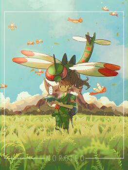 1girl absurdres backpack bag brown_eyes brown_hair closed_mouth cloud commentary_request day evolutionary_line eyelashes framed fukkatsu_no_maya gen_2_pokemon gen_4_pokemon green_shirt green_shorts highres holding holding_mask juliana_(pokemon) mask nintendo on_head outdoors pokemon pokemon_(creature) pokemon_on_head pokemon_sv ponytail shirt short_sleeves shorts sky yanma yanmega