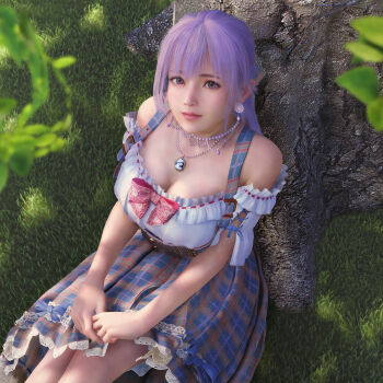 1girl breasts cleavage closed_mouth collarbone dead_or_alive dead_or_alive_xtreme dead_or_alive_xtreme_venus_vacation earrings fiona_(doa) hair_between_eyes highres jewelry large_breasts long_hair looking_at_viewer necklace official_art outdoors purple_eyes purple_hair sitting skirt smile solo tree venus_vacation_prism:_dead_or_alive_xtreme