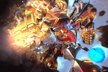 absurdres breaking_through_wall clenched_hand clenched_hands commentary_request cosmo-5 debris duel_monster electricity glowing glowing_eyes highres mecha mecha_focus no_humans punching robot ryzeal_detonator signature yu-gi-oh!