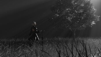 1girl 2b_(nier:automata) 3d absurdres critsium highres holding holding_weapon nier:automata nier_(series) scenery tree virtuous_contract weapon white_hair