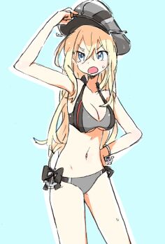 Rule 34 | 1girl, aqua background, bikini, bismarck (kancolle), black bikini, blonde hair, blue eyes, bow, bow bikini, bracelet, breasts, cleavage, grey hat, hair between eyes, hand on headwear, hand on own hip, hashtag-only commentary, hat, jewelry, kantai collection, long hair, medium breasts, mokeo, open mouth, outline, peaked cap, simple background, solo, swimsuit, white outline