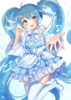 1girl absurdres ahoge apron aqua_dress arm_tattoo blue_eyes blue_hair blue_nails blush boots bow bowtie breasts commentary_request dress fingernails frilled_apron frills hair_between_eyes hatsune_miku headphones headset highres long_hair looking_at_viewer medium_breasts meruko-san musical_note musical_staff nail_polish number_tattoo open_mouth reaching reaching_towards_viewer smile solo tattoo thigh_boots twintails very_long_hair vocaloid waist_apron white_apron white_bow white_bowtie