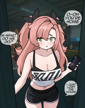 1girl absurdres arutemisu180 black_ribbon black_shorts blurry blurry_background breasts cleavage collarbone commentary cowboy_shot crop_top english_text green_eyes highres holding holding_phone indoors large_breasts looking_at_viewer mole mole_on_breast mole_under_eye nicole_demara phone pink_hair ribbon shorts solo speech_bubble standing zenless_zone_zero