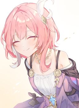 1girl bare_shoulders breasts coat commentary cyrene_(aedes_elysiae)_(honkai:_star_rail) cyrene_(honkai:_star_rail) dress hair_ornament haru_(eharuru_32) highres honkai:_star_rail honkai_(series) jewelry multicolored_hair necklace pink_hair purple_coat short_hair simple_background small_breasts smile solo symbol-only_commentary two-tone_hair white_background white_dress white_hair