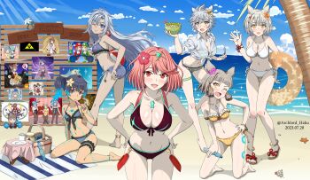 6+girls a_(xenoblade) absurdres alternate_costume animal_ear_fluff animal_ears archlord_haku beach bikini black_hair blue_eyes blue_hair breasts brown_eyes cleavage cosplay great-great-granmother_and_great-great-granddaughter grey_hair head_wings highres kono_subarashii_sekai_ni_shukufuku_wo! large_breasts lora_(xenoblade) luigi luigi_(cosplay) mario mario_(cosplay) mario_(series) medium_breasts megumin megumin_(cosplay) melia_antiqua mio_(xenoblade) multicolored_hair multiple_girls mythra_(xenoblade) na&#039;el_(xenoblade) nia_(blade)_(xenoblade) nia_(xenoblade) nintendo outdoors playboy_bunny princess_peach princess_peach_(cosplay) pyra_(xenoblade) red_eyes red_hair rex_(xenoblade) sena_(xenoblade) small_breasts swimsuit the_legend_of_zelda theory_(xenoblade) triforce wings xenoblade_chronicles_(series) xenoblade_chronicles_2 xenoblade_chronicles_2:_torna_-_the_golden_country xenoblade_chronicles_3 xenoblade_chronicles_3:_future_redeemed yellow_eyes