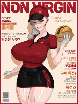1girl black_skirt braid breasts brown_eyes burger employee_uniform food gloves grey_hair hat headset highres holding huge_breasts long_hair nuo_(30340120) original polo_shirt red_shirt shirt skirt smile solo sweat thighs uniform white_gloves