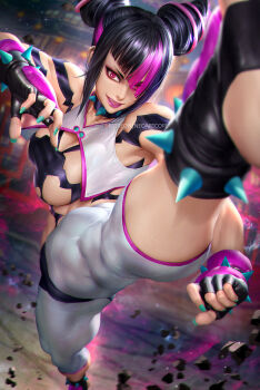 1girl aura black_hair blurry blurry_foreground breasts collar debris diagonal_bangs feet_out_of_frame fingerless_gloves fingernails fisheye foreshortening gloves green_nails hair_horns hair_ornament hair_over_one_eye han_juri highres large_breasts leggings lipstick looking_at_viewer makeup medium_hair multicolored_hair nail_polish neoartcore panties panties_over_leggings parted_lips patreon_logo pink_hair pink_lips red_eyes smile solo spiked_collar spikes split spread_legs standing standing_on_one_leg standing_split street_fighter street_fighter_6 toeless_footwear two-tone_hair underwear v-shaped_eyebrows vest watermark web_address wide_spread_legs
