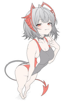 1girl arknights bare_legs breasts competition_swimsuit grey_hair highres horns large_breasts looking_at_viewer one-piece_swimsuit orange_eyes red_horns short_hair simple_background smile solo standing swimsuit t1kosewad tail w_(arknights) white_background
