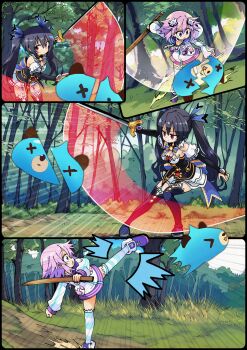 2girls absurdres aderyn ai-assisted attack black_boots black_dress black_hair boots breasts choujigen_game_neptune competition creature defeat dogoo dress flat_chest forest grass hair_ornament hair_ribbon highres holding holding_sword holding_weapon hood hoodie kicking long_hair medium_breasts motion_lines multiple_girls nature neptune_(neptunia) neptune_(series) noire_(neptunia) purple_hair purple_shoes red_eyes ribbon shoes short_hair slashing smirk socks speed_lines striped_clothes striped_socks sword tree twintails weapon white_hoodie wooden_sword x_x