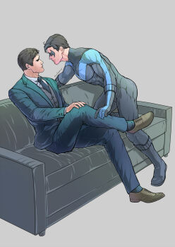 2boys artist_name bara batman_(series) black_bodysuit black_hair black_jacket black_pants black_vest blue_bodysuit bodysuit bodysuit_pull bruce_wayne closed_mouth couch crossed_legs dc_comics dick_grayson domino_mask evinist eye_mask father_and_son formal_clothes highres incest jacket looking_at_another male_focus mask multicolored_bodysuit multiple_boys muscular muscular_male necktie nightwing on_couch open_clothes open_jacket pants shirt short_hair sitting smile taut_bodysuit taut_clothes thick_thighs thighs two-tone_bodysuit vest white_shirt yaoi