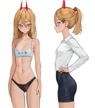 Rule 34 | 1girl, absurdres, ass, blonde hair, bra, breasts, chainsaw man, cross-shaped pupils, demon horns, hair between eyes, highres, horns, long hair, panties, pencil skirt, ponytail, power (chainsaw man), red horns, ringed eyes, shirt, skirt, symbol-shaped pupils, tefi blum, underwear, white shirt, yellow eyes