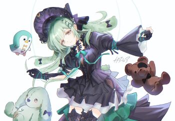 1girl animal_ears arknights bang_dream! bang_dream!_it&#039;s_mygo!!!!! black_bonnet black_bow black_dress black_gloves black_thighhighs bonnet bow chinese_commentary commentary_request cowboy_shot dress eyepatch floppy_ears frilled_dress frilled_sleeves frills gloves gothic_lolita green_hair hair_ornament hands_up highres liu_xin_yuan_shi_chong lolita_fashion long_hair long_sleeves looking_at_viewer puppet_strings rabbit_ears rabbit_girl sidelocks simple_background solo standing stuffed_animal stuffed_penguin stuffed_toy teddy_bear thighhighs wakaba_mutsumi wakaba_mutsumi_(marionette&#039;s_id) white_background x_hair_ornament yellow_eyes
