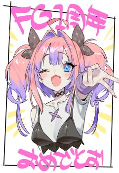 +_+ 1girl ahoge black_bra black_ribbon blue_eyes blush bra bra_over_clothes breasts collarbone commentary_request detached_sleeves fang fingernails hair_intakes hair_ribbon highres hololive hololive_dev_is inward_v kikirara_vivi long_hair long_sleeves looking_at_viewer multicolored_hair nail_polish nonco one_eye_closed open_mouth pink_hair pink_nails purple_hair purple_sleeves ribbon shirt smile solo translation_request twintails two-tone_hair underwear v virtual_youtuber white_background white_shirt