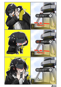 1girl absurdres arknights arknights:_endfield black_hair commentary crying drakeposting_(meme) endministrator_(arknights) english_commentary female_endministrator_(arknights) gameplay_mechanics highres irkawaza medium_hair meme open_mouth parted_lips speakiposting_(meme)