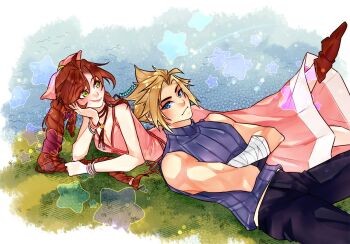 1boy 1girl aerith_gainsborough artist_name bandaged_arm bandages bangle bare_shoulders black_pants blonde_hair blue_eyes blue_shirt blush boots bracelet braid braided_ponytail breasts brown_boots choker cleavage closed_mouth cloud_strife couple final_fantasy final_fantasy_vii final_fantasy_vii_rebirth final_fantasy_vii_remake flower_choker green_eyes hair_ribbon head_on_hand hetero jewelry kurohyn long_hair long_skirt materia medium_breasts pants parted_bangs pink_ribbon pink_skirt ribbon shirt short_hair sidelocks single_braid skirt sleeveless sleeveless_turtleneck smile spiked_hair turtleneck