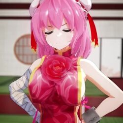 1girl 1other 3d animated assisted_exposure bandaged_arm bandages bare_shoulders bouncing_breasts breasts closed_eyes double_bun hair_bun hands_on_own_hips ibaraki_kasen indoors large_breasts long_hair mofumoko5 nipples no_bra pink_hair sideboob solo_focus touhou upper_body video