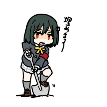 1girl armband black_hair black_jacket commentary_request deformed fang full_body holding holding_shovel jacket looking_at_viewer love_live! love_live!_nijigasaki_high_school_idol_club medium_hair mifune_shioriko miniskirt neck_ribbon nijigasaki_school_uniform open_mouth orange_eyes planted planted_shovel pleated_skirt red_armband ribbon school_uniform shaded_face shinanoya_(satanicad) shovel simple_background skin_fang skirt solo translation_request white_background white_skirt winter_uniform yellow_ribbon