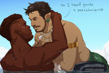 2boys bara beard beard_stubble black_panther:_wakanda_forever black_panther_(series) blush character_request couple dark-skinned_male dark_skin earrings english_text eye_contact face-to-face facial_hair full_beard imminent_kiss interracial jewelry looking_at_another male_focus marvel mature_male mto multiple_boys mustache mustache_stubble namor necklace_pull partially_submerged pectorals pointy_ears seductive_smile short_hair smile stubble thick_eyebrows toned toned_male topless_male tribal undercut very_dark_skin wet yaoi