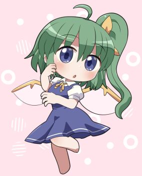 1girl :o ahoge barefoot blue_dress blush chibi chibi_only collared_shirt commentary_request daiyousei dress fairy_wings full_body green_hair hair_between_eyes hair_ribbon hand_up highres long_hair looking_at_viewer neck_ribbon open_mouth pinafore_dress pink_background ribbon rokugou_daisuke shirt short_sleeves side_ponytail signature sleeveless sleeveless_dress solo standing standing_on_one_leg touhou white_shirt wings yellow_ribbon