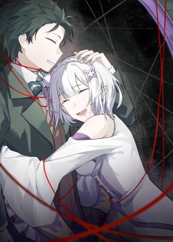 1boy 1girl alternate_hair_length_(shorter) black_hair bow bowtie braid center-flap_bangs closed_eyes clothing_cutout commentary dress elf emilia_(re:zero) facing_another flower formal_clothes green_bow green_bowtie green_suit hair_flower hair_ornament hand_on_another's_head happy highres hug jacket lower_teeth_only mingbuliaomu natsuki_subaru open_mouth pointy_ears re:zero_kara_hajimeru_isekai_seikatsu re:zero_kara_kasaneru_isekai_seikatsu ribbon short_hair shoulder_cutout sidelocks smile string string_around_neck string_of_fate suit teeth untranslatable_commentary white_dress white_hair wide_sleeves x_hair_ornament