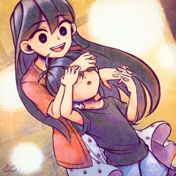 1boy 1girl aged_down alternate_costume antenna_hair black_eyes black_hair black_shirt blush bright_pupils brother_and_sister grey_shorts hand_over_another&#039;s_eyes jacket laser-lance long_hair mari_(faraway)_(omori) mari_(omori) omori open_clothes open_jacket open_mouth parted_lips polka_dot polka_dot_skirt red_jacket shirt short_hair short_sleeves shorts siblings skirt smile sunny_(omori) teeth tongue upper_teeth_only white_pupils white_skirt