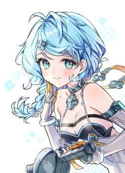 Rule 34 | 1girl, bare shoulders, blue hair, blush, braid, breasts, flower hairpin, formal clothes, gloves, green eyes, hair ornament, handlebar, highres, holding handlebar, long hair, looking at viewer, mole, mole on shoulder, rumi (rarumi11), see-through clothes, seed (zenless zone zero), side braid, simple background, smile, solo, suit, white background, white gloves, white suit, zenless zone zero