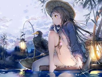 1girl anmi bare_legs barefoot bird black_hair breasts child chinese_clothes expressionless frills hat lantern leg_up legs long_hair net no_bra oar open_clothes open_shirt original raft river scan shirt sitting sky small_breasts soaking_feet straw_hat thigh_strap thighs water yellow_eyes