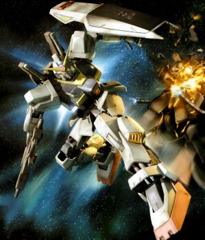 3d a.e.u.g_(gundam) beam_rifle energy_sword energy_gun explosion gun gundam gundam_mk_ii holding holding_gun holding_rifle holding_weapon marasai mobile_suit no_humans non-web_source official_art rifle robot shield sky space star_(sky) starry_sky v-fin weapon zeta_gundam