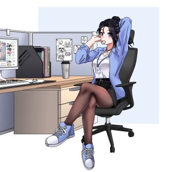 5girls akane_lize arahashi_tabi black_hair blue_eyes chair computer cottonswab336 crossed_legs desk highres ive_(stellive) monitor multiple_girls neneko_mashiro office on_chair pantyhose shirayuki_hina stellive thighhighs