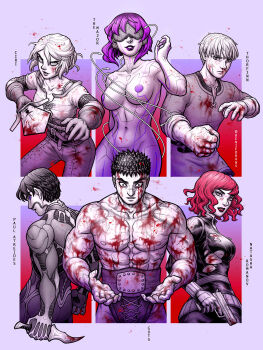 abs belt berserk black_widow blood blood_on_clothes blood_on_face blood_on_hands bodysuit breasts ciri commentary dune_(series) english_commentary fighting_stance ghost_in_the_shell gun guts_(berserk) handgun head-mounted_display highres holding holding_gun holding_knife holding_weapon knife kusanagi_motoko marvel medium_breasts multiple_drawing_challenge muscular muscular_male natasha_romanoff navel nosebleed nude pasties paul_atreides pectorals purple_eyes purple_hair red_hair renedraws reverse_grip scar scar_on_face scar_on_nose serious sideboob six_fanarts_challenge small_breasts stillsuit the_witcher_(series) thorfinn topless_male torn_bodysuit torn_clothes twitter_username vinland_saga weapon