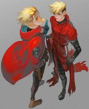 2boys absurdres black_boots black_gloves black_pants black_roots black_shirt blonde_hair blowing_bubble_gum blue_eyes boots brown_boots chewing_gum coat commentary cosplay costume_switch earrings english_commentary eyewear_on_head from_above full_body gloves grey_background groquis_j hair_between_eyes hand_on_own_hip highres holster jewelry long_coat looking_at_viewer male_focus mechanical_arms mole mole_under_eye multiple_boys orange-tinted_eyewear pants parted_lips partially_fingerless_gloves prosthesis prosthetic_arm red_coat round_eyewear shirt short_hair single_earring single_mechanical_arm standing sweatdrop thigh_holster tinted_eyewear torn_clothes torn_coat trigun trigun_maximum trigun_stampede undercut vash_the_stampede vash_the_stampede_(cosplay)