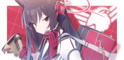Rule 34 | 1girl, animal ear fluff, animal ears, bag, black hair, blue archive, dutch angle, fox ears, gloves, gun, halo, hand up, headset, highres, holding, holding gun, holding weapon, long sleeves, looking at viewer, neckerchief, red background, red eyes, red gloves, red halo, red neckerchief, sailor collar, satoh vrc, school bag, school uniform, solo, two-tone gloves, weapon, yukino (blue archive)