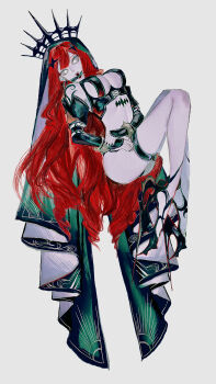 0onamae 1girl absurdres arm_tattoo baobhan_sith_(fate) baobhan_sith_(second_ascension)_(fate) bare_shoulders black_nails bracelet colored_sclera colored_skin commentary_request detached_sleeves earrings eyelashes fangs fate/grand_order fate_(series) fingernails gagged gold_bracelet grey_background grey_sclera grey_skin high_heels highres hoop_earrings jewelry long_hair open_mouth pointy_ears red_hair shoulder_tattoo simple_background single_earring slit_pupils solo spiked_bracelet spikes stomach_tattoo tattoo thigh_strap tiara twitter_username very_long_hair white_eyes