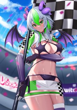 1girl absurdres apricot_the_lich apricot_the_lich_(race_queen) bikini black_bikini breasts byte-artist checkered_flag demon_girl demon_horns demon_wings elbow_gloves flag gloves gradient_thighhighs green_eyes green_hair hair_ornament highres holding holding_flag horn_piercing horns microskirt multicolored_hair multiple_horns navel pointy_ears purple_gloves race_flag race_queen shrug_(clothing) side-tie_bikini_bottom skirt smile solo stomach streaked_hair swimsuit thighhighs virtual_youtuber vshojo white_shrug wings x_hair_ornament