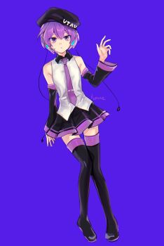 1girl arm_at_side artist_name bare_shoulders beanie black_boots black_hat black_skirt black_sleeves boots breasts chromatic_aberration clothes_writing collared_shirt contrast_collar copyright_name detached_sleeves double-parted_bangs full_body hair_between_eyes hashtag-only_commentary hat highres knees_together_feet_apart long_sleeves looking_at_viewer miniskirt parted_lips pigeon-toed pleated_skirt purple_background purple_eyes purple_hair purple_trim ramune55ni shirt short_hair simple_background skinny skirt sleeveless sleeveless_shirt small_breasts solo standing thigh_boots thigh_gap thighhighs utane_uta utau white_shirt zettai_ryouiki