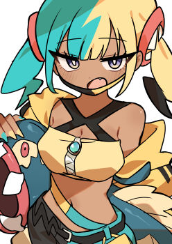 1girl :d absurdres aqua_hair bandeau black_hair blonde_hair blush canari_(pokemon) commentary dark-skinned_female dark_skin eelektross fang gen_5_pokemon highres jacket long_sleeves looking_at_viewer mask mask_pull mouth_mask multicolored_hair multicolored_nails navel nintendo open_clothes open_jacket open_mouth pokemon pokemon_(creature) pokemon_legends:_z-a purple_eyes short_hair single_bare_shoulder single_off_shoulder smile twintails two-tone_nails white_background yellow_bandeau yellow_jacket yuateheng