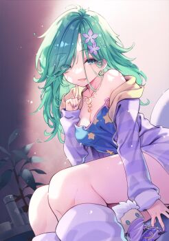 1girl bare_shoulders blue_eyes blush breasts camisole cleavage earrings finger_to_mouth flower green_hair hair_flower hair_ornament hair_over_one_eye highres hirano_katsuyuki indoors jacket jewelry long_hair looking_at_viewer loose_socks medium_breasts necklace open_clothes open_jacket original sitting smile socks solo striped_clothes striped_jacket striped_socks stuffed_toy