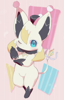 1girl abstract_background ahoge animal_ears animal_feet animal_hands blue_eyes cat_ears cat_girl chibi chibi_only chibikemo colored_eyelashes commentary_request full_body furry furry_female hair_between_eyes highres index_finger_raised looking_at_viewer one_eye_closed original rorizu solo standing tail white_eyelashes yellow_fur