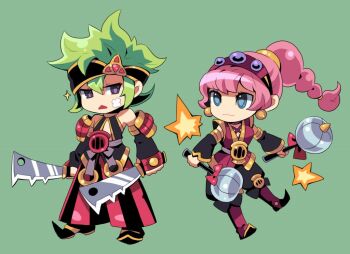 1boy 1girl :3 armor artist_request asgard asura_(asgard) baggy_pants bandaid bandaid_on_cheek bandaid_on_face bare_shoulders black_headband black_pants black_sleeves blue_eyes boots braid braided_ponytail breasts choker cleavage closed_mouth cross-laced_armwear cross-laced_clothes cross-laced_top detached_sleeves dual_persona dual_wielding earrings elbow_gloves full_body gauntlets gem gloves gold_earrings gold_hair_tie gold_hairband gold_trim green_hair grey_ribbon hair_tie hairband headband high_ponytail holding holding_sword holding_weapon jewelry knee_boots legs_apart long_hair looking_to_the_side medium_breasts nexon o-ring obi official_art open_mouth pants pauldrons ponytail purple_eyes purple_gemstone purple_pupils purple_sash red_armor red_choker red_gemstone red_hairband red_pants red_shirt red_sleeves sash second-party_source shirt short_hair short_sleeves shoulder_armor simple_background smile standing striped_clothes striped_pants sword triangle_mouth two-tone_pants vertical-striped_clothes vertical-striped_pants weapon