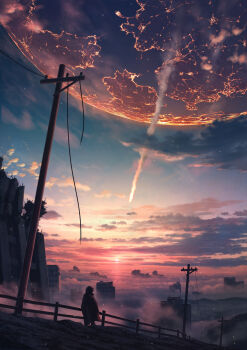 1other above_clouds absurdres apocalypse blue_sky brown_cloak building cloak cloud commentary damaged evening facing_away fence from_behind gradient_sky highres hill hood hooded_cloak horizon light_particles meteor orange_sky original outdoors pei_(sumurai) planet power_lines scenery sky skyscraper smoke smoke_trail solo standing star_(sky) sunset utility_pole wide_shot wooden_fence