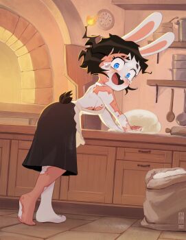 1girl 2022 animal_ears apron artificial_light artist_name ass bernie_(kyu-bum_lee) biting blue_eyes blush breasts brick_oven brown_hair burn_scar clock cooking dorei_to_no_seikatsu_~teaching_feeling~ dough drawer fang feet flour flour_sack food full_body furry hanging_breasts highres kitchen kyu-bum_lee ladder looking_at_viewer medium_breasts open_mouth original oven pretzel rabbit_ears rabbit_girl reference sack saucepan scar scenery short_tail sideboob skirt smile soles spoon tail tears white_fur wood_forniture yeast