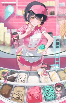 Rule 34 | 5girls, absurdres, apron, black hair, blush, breasts, brown eyes, chibi, chisei259, commentary request, earrings, food, highres, holding, holding spoon, ice cream, ice cream cone, jewelry, ladder, long hair, looking at viewer, midriff, multiple girls, open mouth, original, pink shirt, pink shoes, pink skirt, ponytail, puffy short sleeves, puffy sleeves, running, shirt, shoes, short hair, short sleeves, skirt, spoon, star (symbol), star earrings, twintails, utensil in mouth, visor cap, waist apron, white apron, yellow eyes