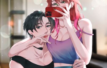 Rule 34 | 2girls, alt text, arm around neck, black choker, black eyes, black hair, black nails, black tank top, blurry, blurry background, breasts, cellphone, choker, cleavage, collarbone, commentary request, gradient clothes, gradient hair, gradient shirt, green eyes, green nails, hand on another's waist, highres, holding, holding phone, large breasts, licking another's finger, long hair, looking at viewer, multicolored hair, multiple girls, original, phone, pink hair, purple shirt, red hair, selfie, shirt, short hair, smartphone, strap slip, sweetandsour9, tank top, thai commentary, upper body, yuri