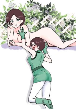 1girl aeug banao_(vanaokun) belt blush breasts brown_hair closed_mouth completely_nude embarrassed emma_sheen gloves green_eyes gundam highres large_breasts military military_uniform nude open_mouth short_hair sleeveless smile thighhighs zeta_gundam