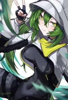 1girl absurdres arknights arknights:_endfield black_gloves bodysuit breasts commentary_request covered_navel fingerless_gloves fluorite_(arknights) gloves green_eyes green_hair grey_bodysuit hair_between_eyes highres hood hoodie jacket looking_at_viewer medium_breasts simple_background solo thighs v white_background white_hoodie white_jacket worimiru