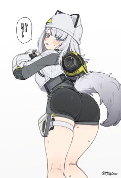 Rule 34 | animal ear headwear, animal hat, arknights, arknights: endfield, ass, bandaid, bandaid on cheek, bandaid on face, black bodysuit, black romper, blue eyes, blunt bangs, bodysuit, cameltoe, cat hat, cat tail, commentary request, elevation contour lines, endfield uniform, estella (arknights), fake animal ears, fingerless gloves, gloves, grey gloves, grey hair, hat, hat with ears, highres, looking back, medium hair, romper, shrug (clothing), simple background, speech bubble, spicy moo, tail, thigh strap, white background, white hat, white shrug